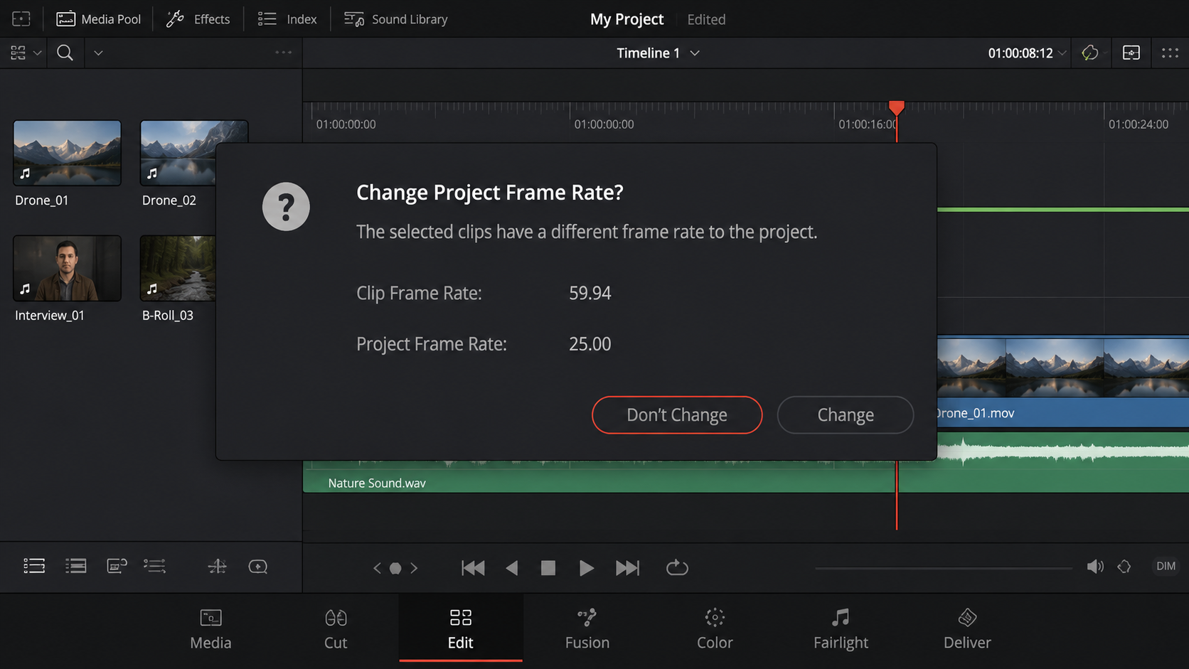 پیغام تغییر Frame Rate پروژه در DaVinci Resolve هنگام وارد کردن ویدئو