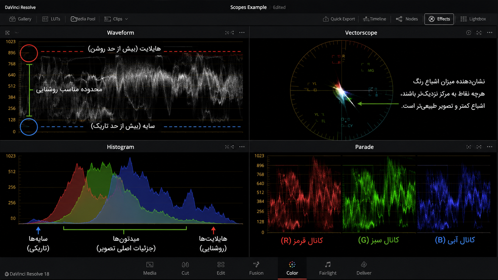ابزارهای Scopes شامل Waveform، Vectorscope، Histogram و RGB Parade در DaVinci Resolve