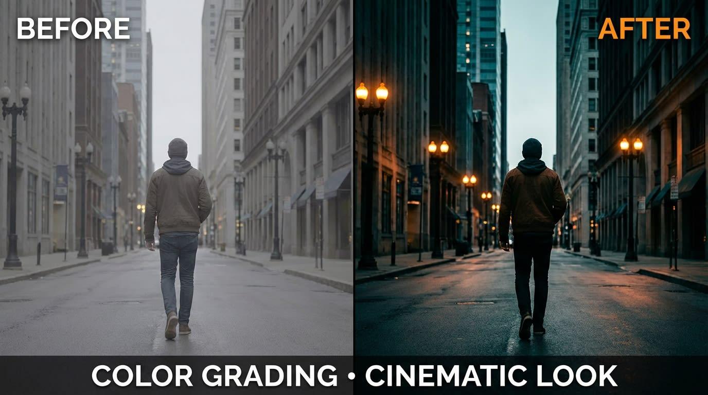 مقایسه قبل و بعد از color grading در داوینچی ریزالو برای ایجاد جلوه سینمایی