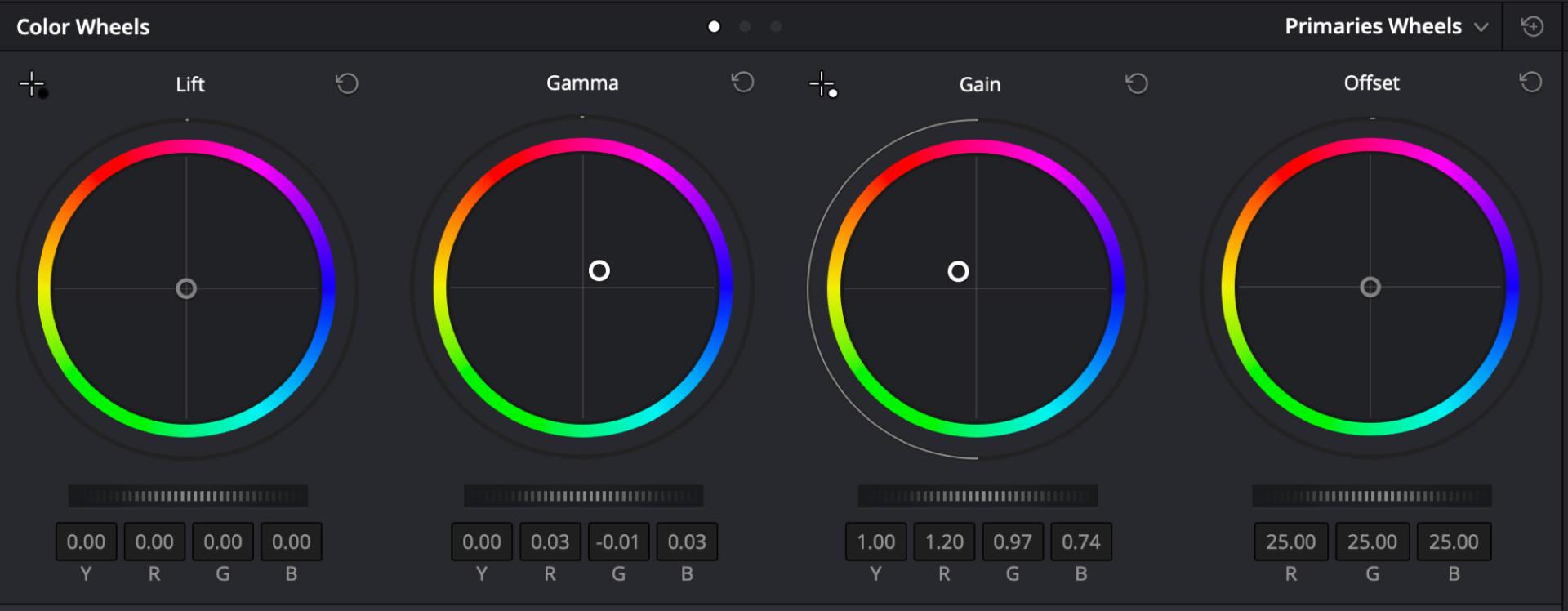 Color Wheels در داوینچی ریزالو شامل Lift Gamma Gain