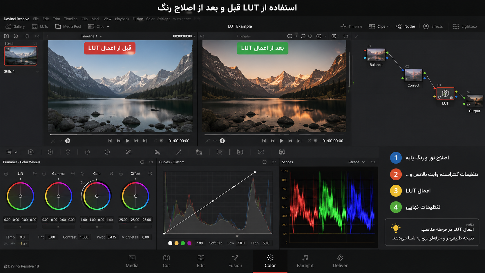 مقایسه تصویر قبل و بعد از اعمال LUT در DaVinci Resolve