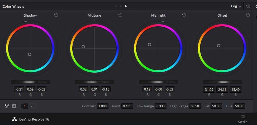 ابزار color wheels در داوینچی ریزالو برای تنظیم نور و رنگ تصویر