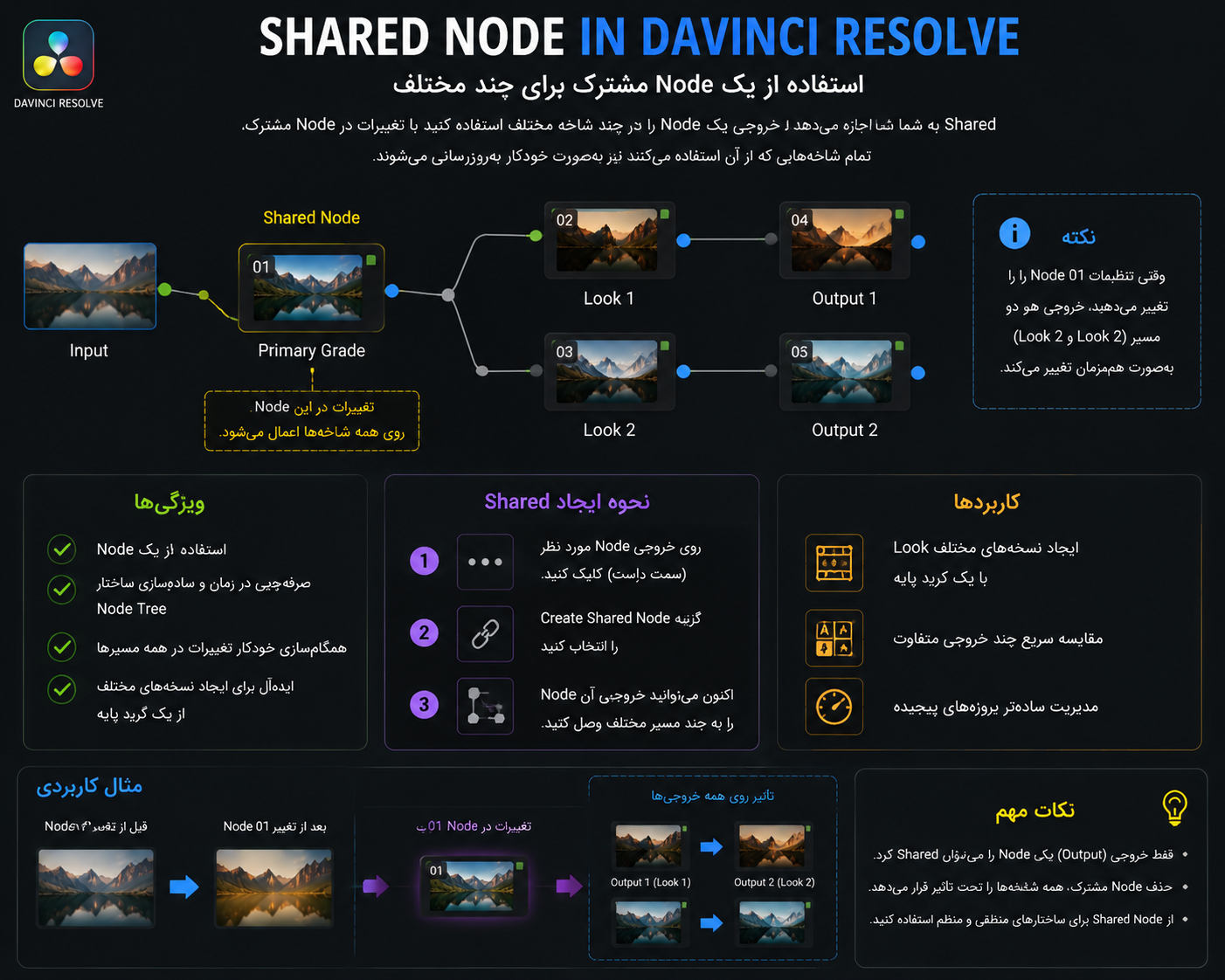 Shared Node در DaVinci Resolve برای استفاده مشترک در چند مسیر