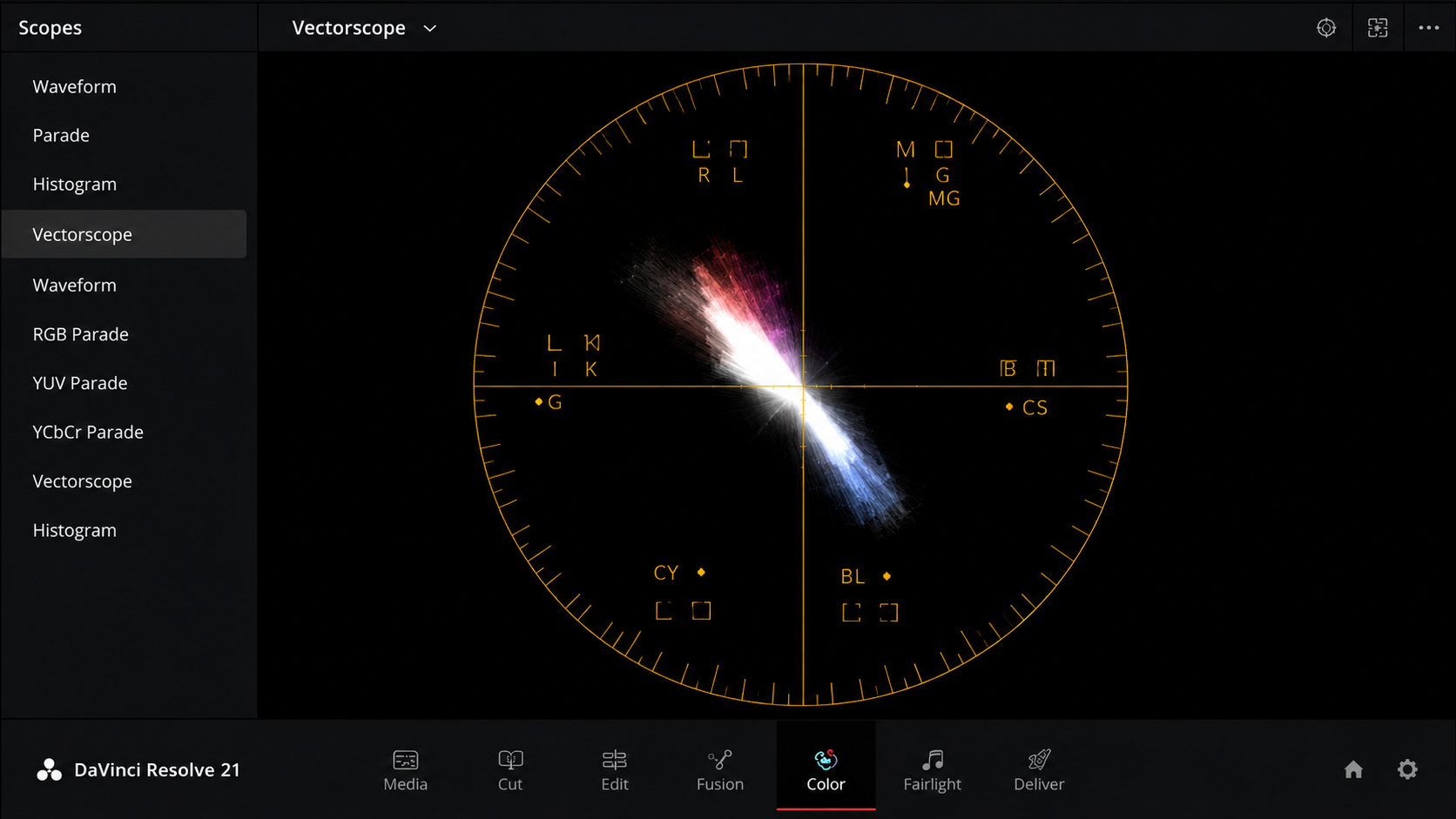 نمایش Vectorscope در داوینچی ریزالو برای بررسی رنگ و saturation تصویر